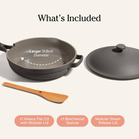 Our Place Large Always Pan beechwood spatula included for stirring and serving.