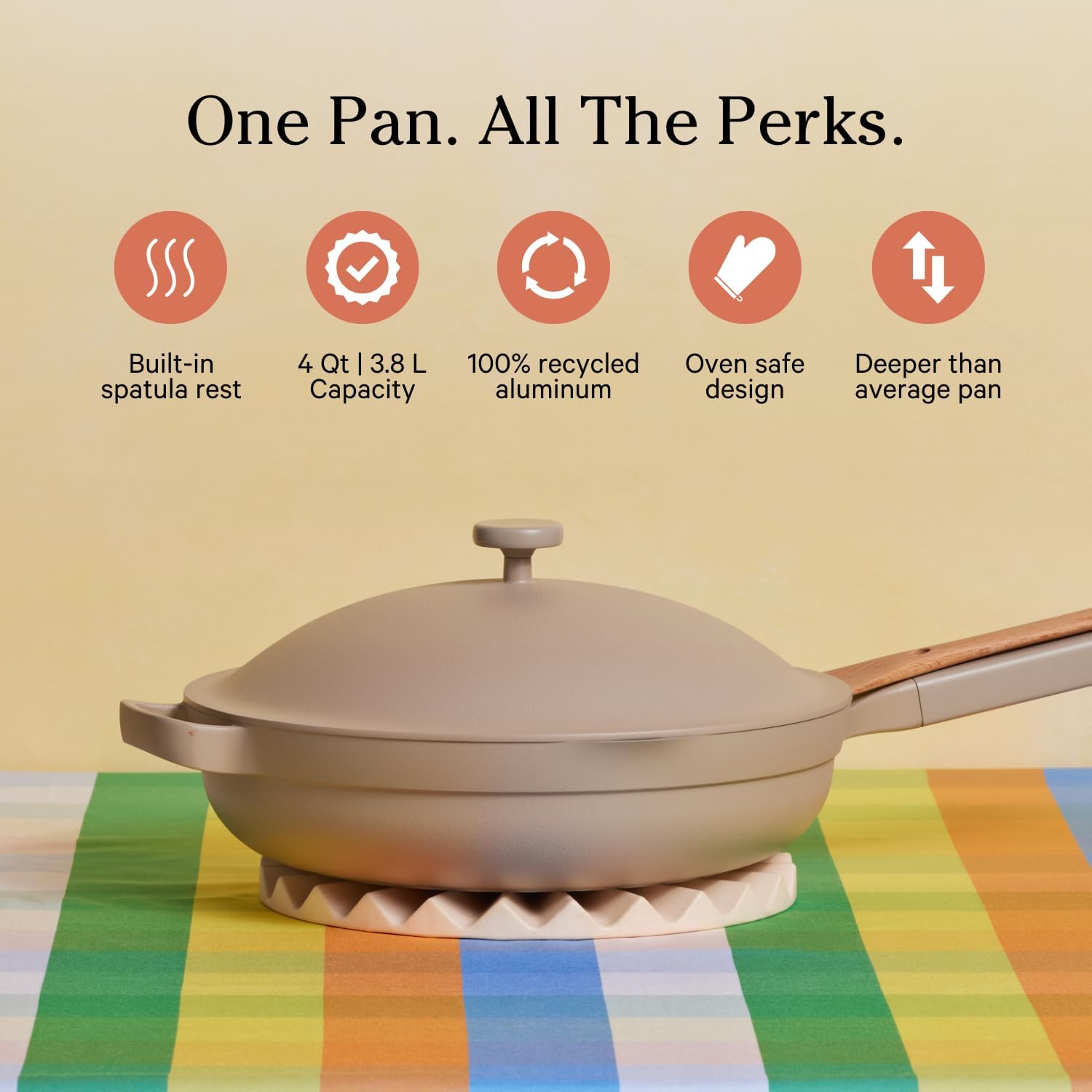 Our Place Large Always Pan ceramic nonstick coating for effortless cooking and easy cleanup.