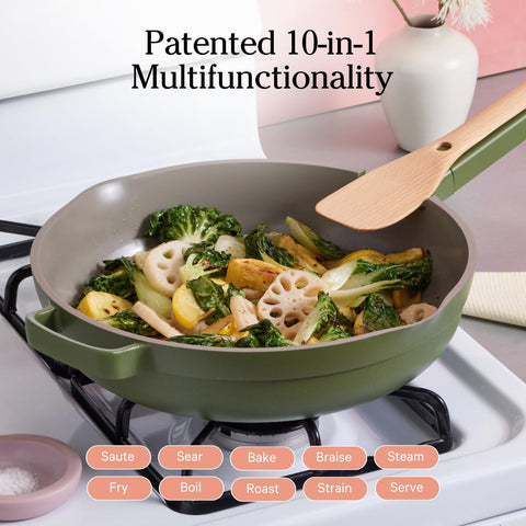 Our Place Large Always Pan ceramic nonstick coating closeup emphasizes easy food release