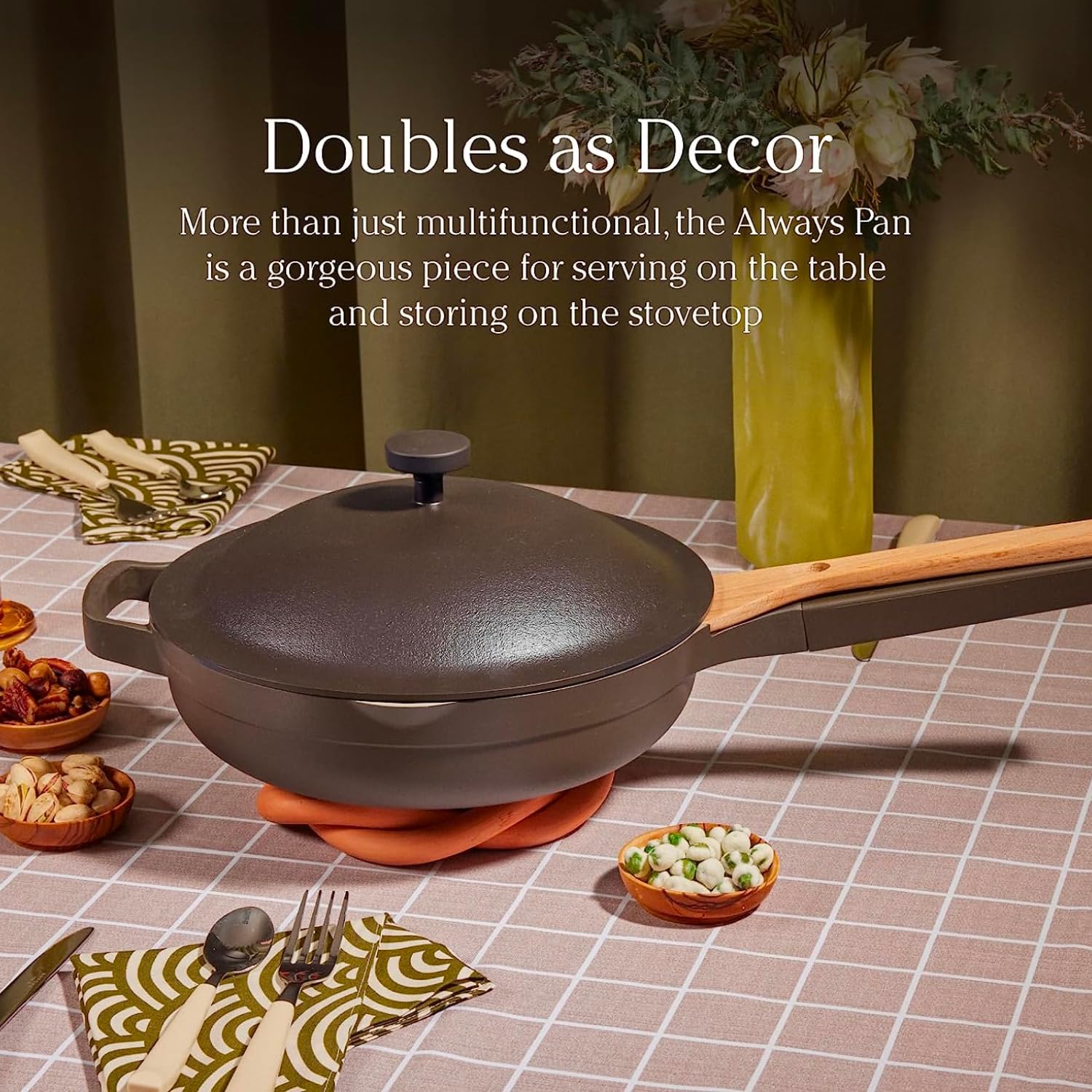 Our Place Large Always Pan is oven-safe up to 450°F for finishing dishes.