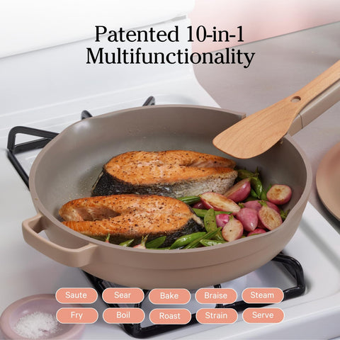 Our Place Large Always Pan with beechwood spatula for smooth, complete stirring.