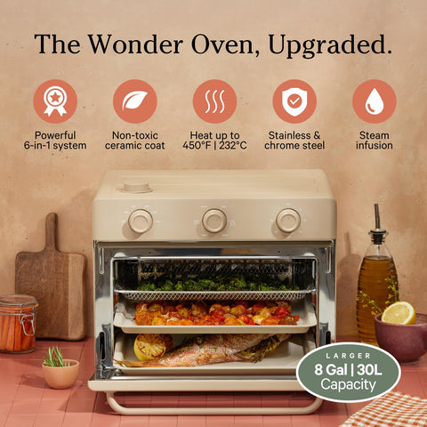Our Place Large Wonder Oven rack arrangement enables multi-dish roasting at once.