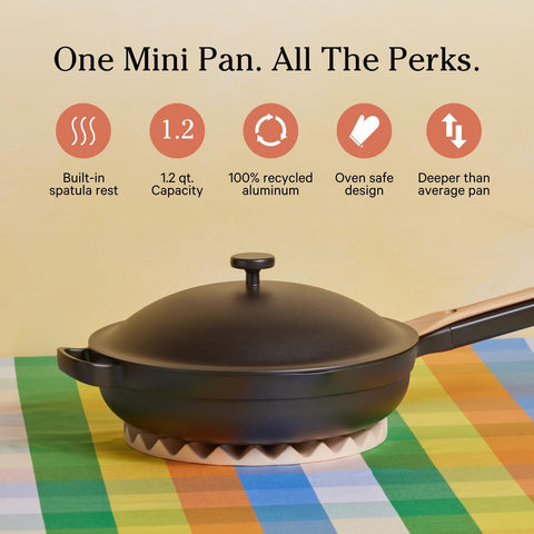 Our Place Mini Always Pan side view highlighting compact design for small kitchens.