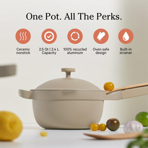 Our Place Mini Perfect Pot lid with built-in strainer for easy draining and simmer control.