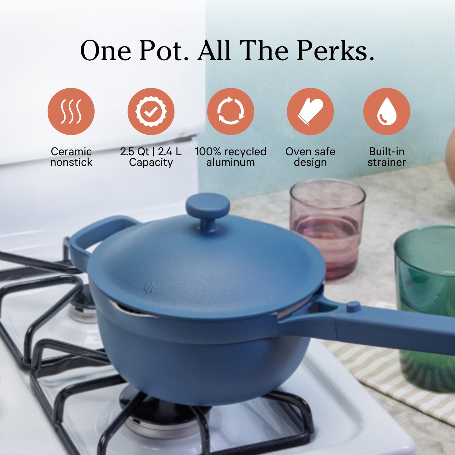 Our Place Mini Perfect Pot shows the included spatula for stirring and serving.