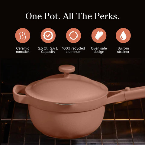 Our Place Mini Perfect Pot lid with built-in strainer for easy draining