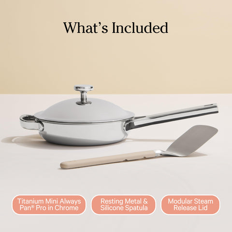 Our Place Mini Titanium Always Pan Pro interior, non-toxic coating-free surface designed for easy cleanup.