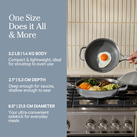Our Place Mini Titanium Always Pan Pro lid and pour rim, for drip-free pouring and steady handling.