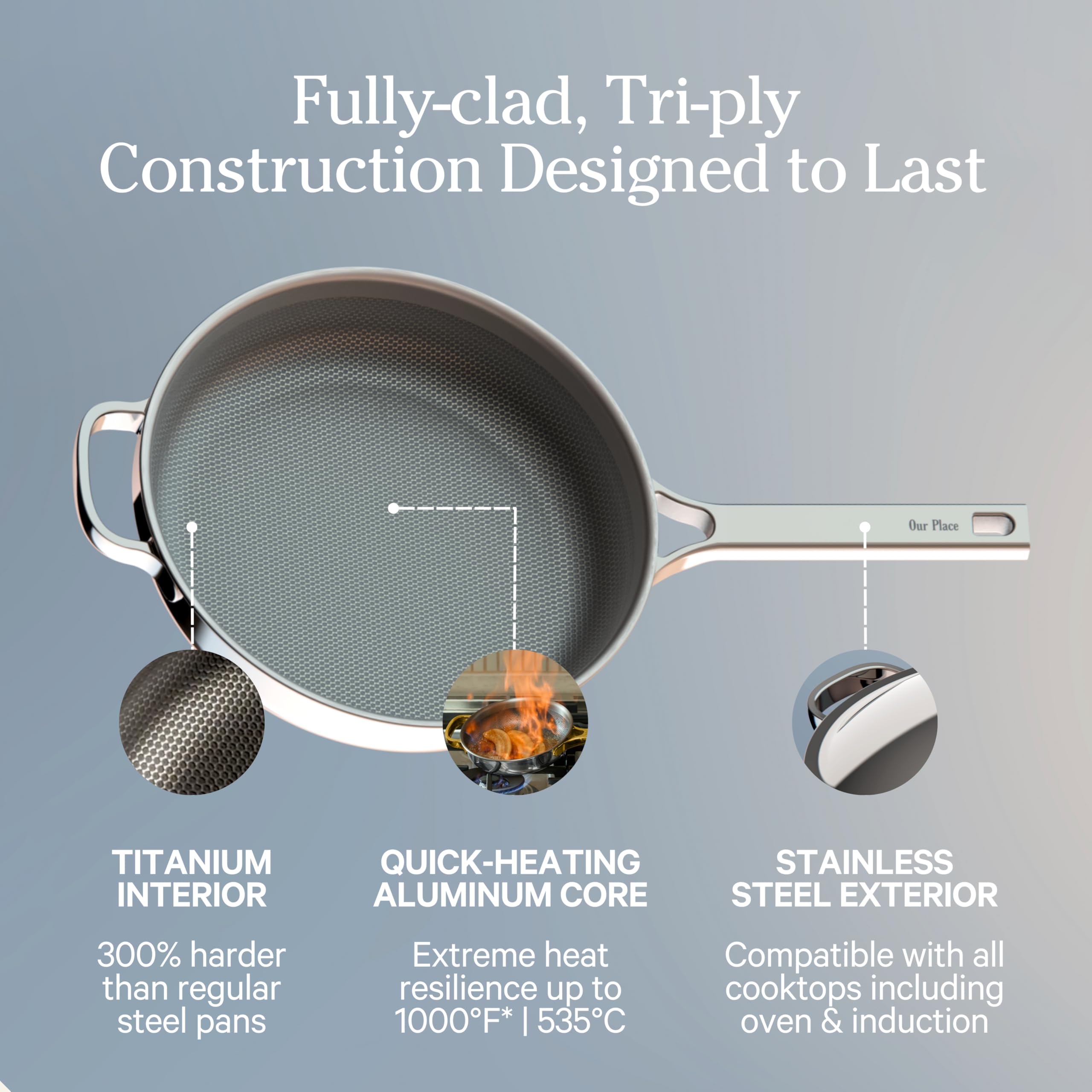 Our Place Mini Titanium Always Pan Pro oven-ready image, induction-compatible and heat-ready for versatility.