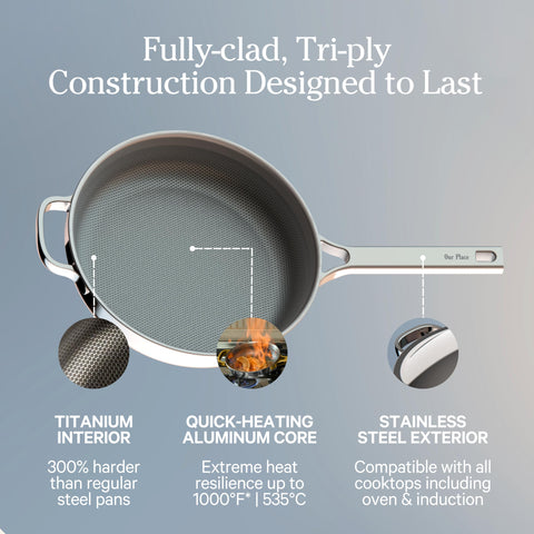 Our Place Mini Titanium Always Pan Pro oven-ready image, induction-compatible and heat-ready for versatility.