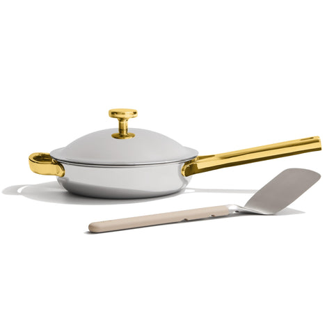 Our Place interior close-up shows the coating-free titanium surface for easier cooking.