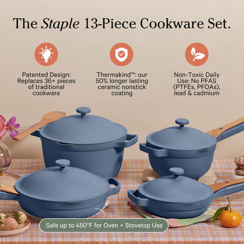 Our Place Perfect Pot in Blue Salt, spacious pot ideal for sauces and stews.