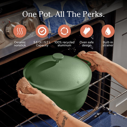 Our Place Perfect Pot built-in strainer simplifies draining directly from the pot.