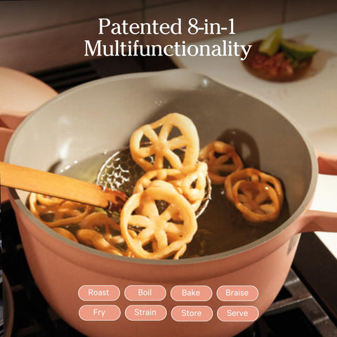 Our Place Perfect Pot built-in strainer aids draining during cooking