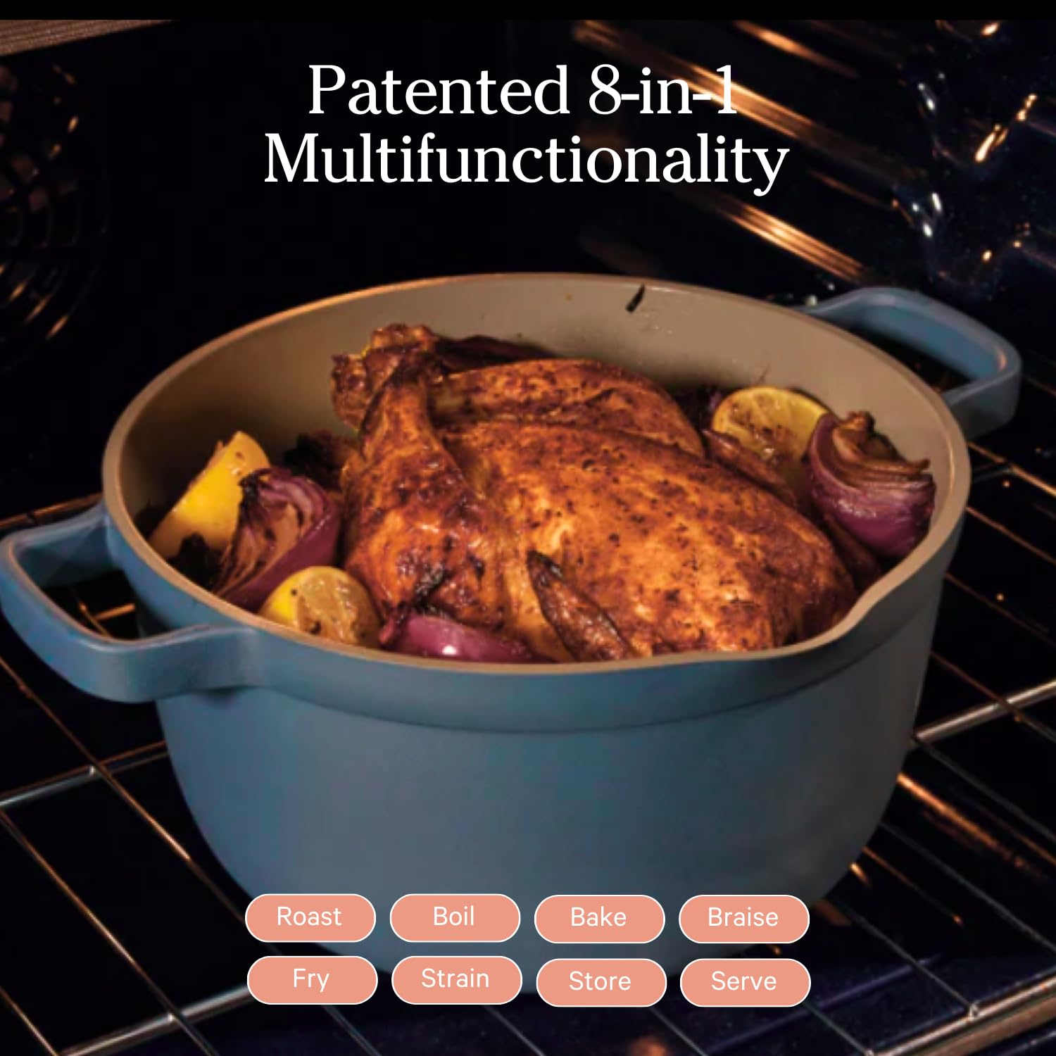Our Place Perfect Pot built-in strainer helps drain liquid without extra tools.