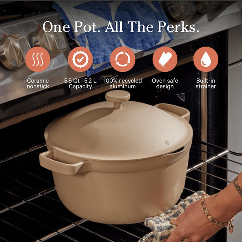 Our Place Perfect Pot ceramic nonstick coating for easy cleanups after cooking.