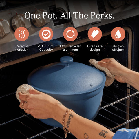 Our Place Perfect Pot steam-release lid enables efficient simmering.