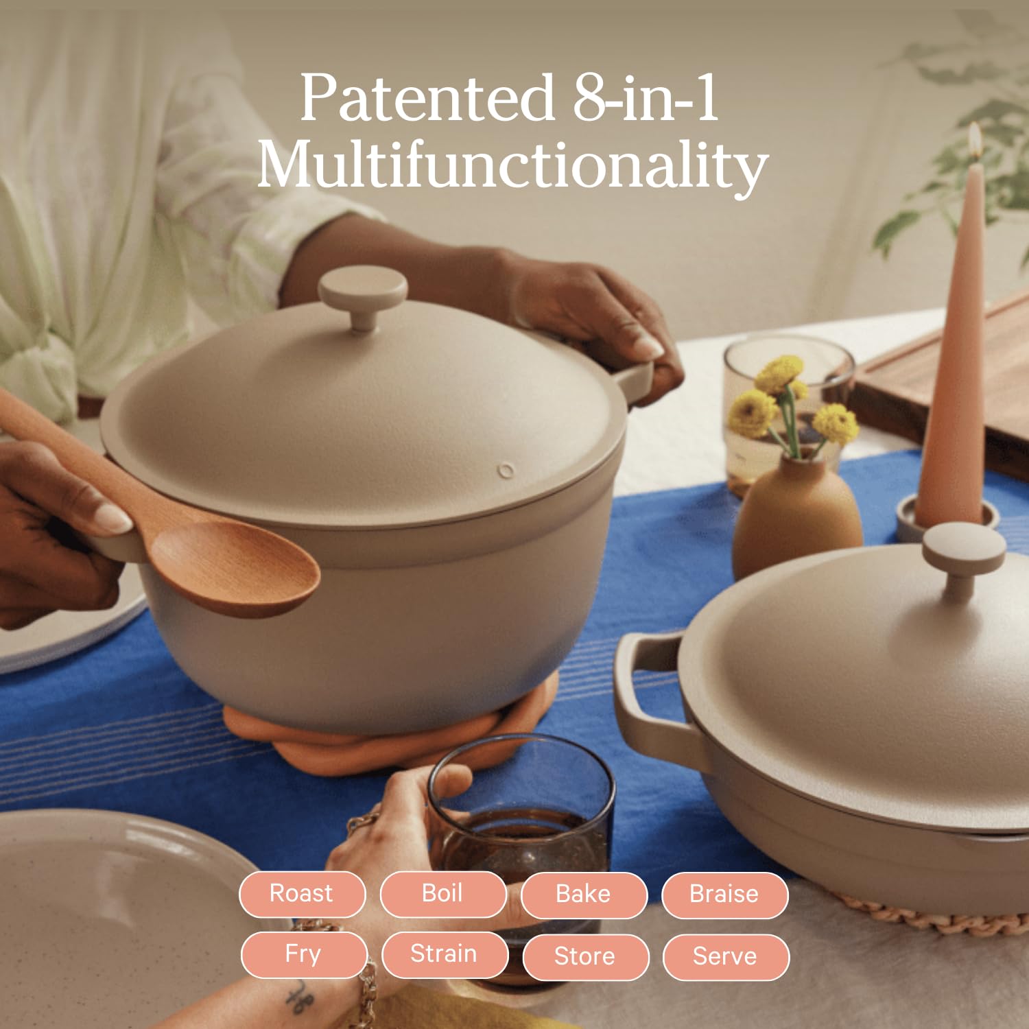 Our Place Perfect Pot works on induction and all cooktops for flexible setup.