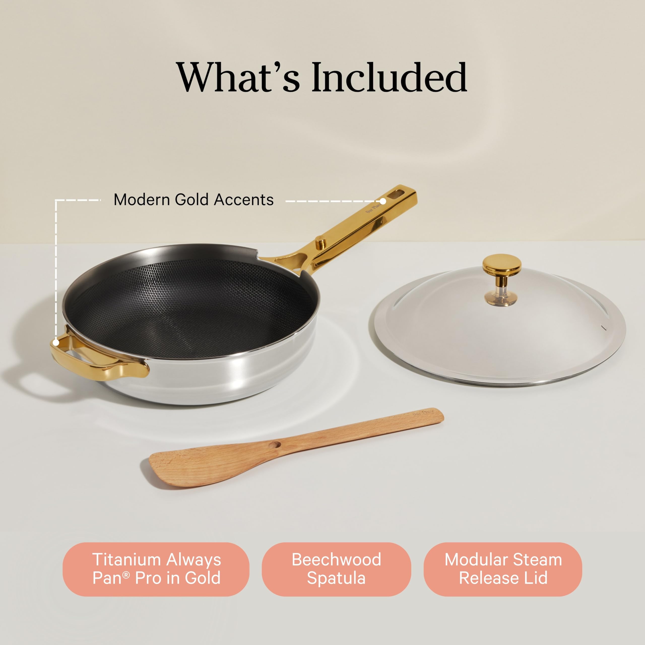 Our Place Titanium Always Pan Pro nesting beechwood spatula for cleanup convenience.