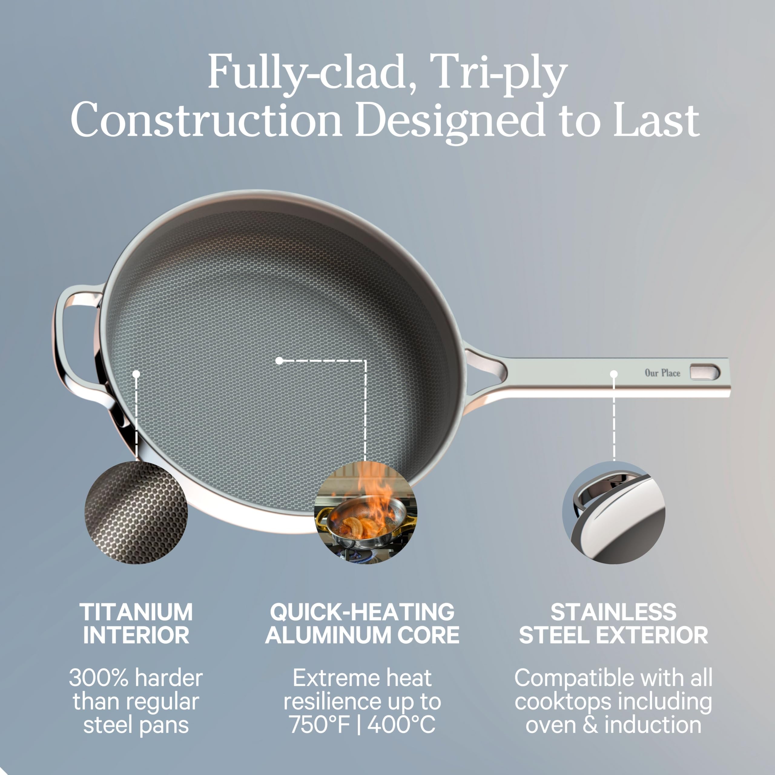 Our Place Titanium Always Pan Pro no-coat surface closeup for easy release.