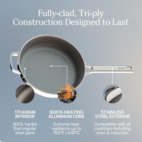 Our Place Titanium Always Pan Pro no-coat surface closeup for easy release.