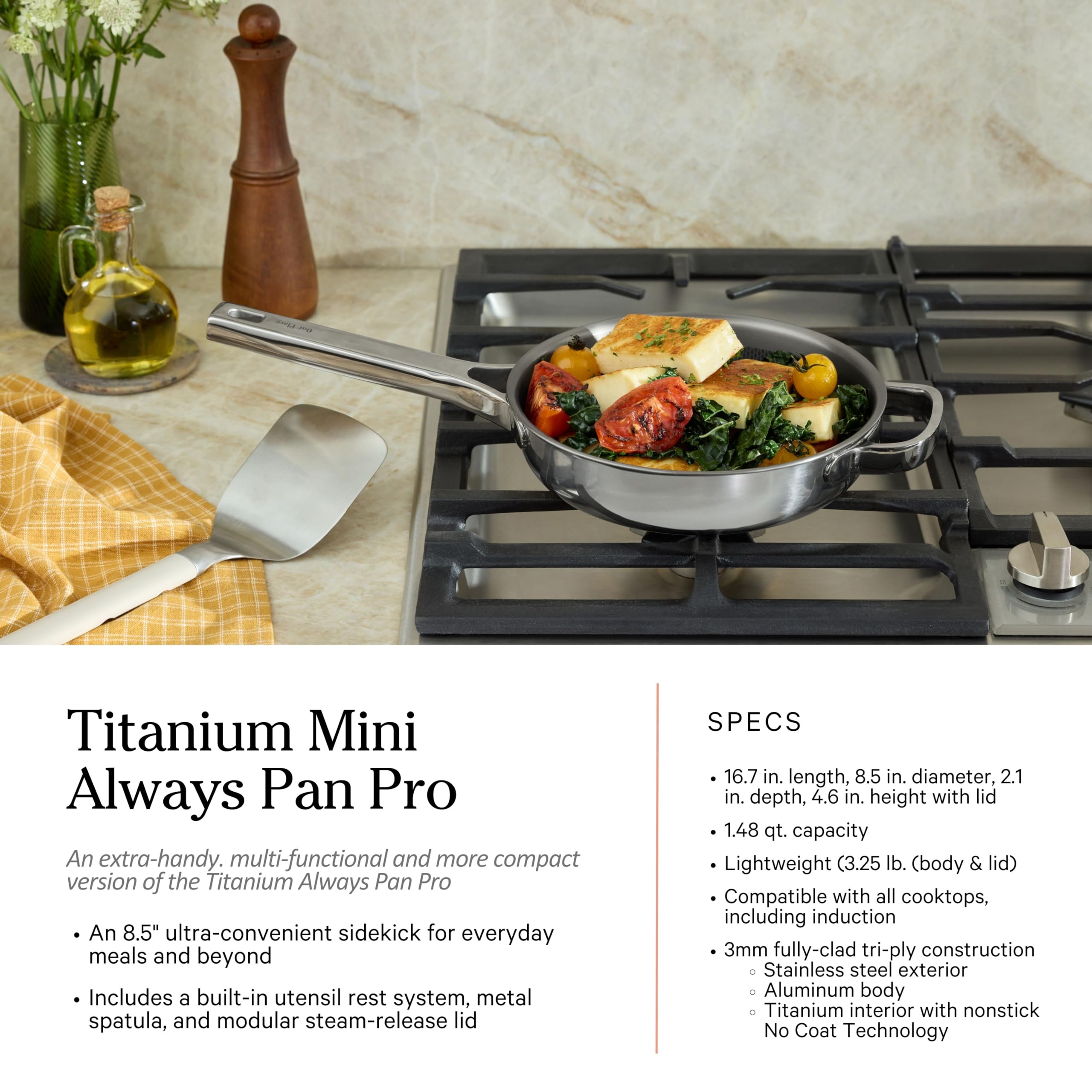 Our Place titanium frying pan ready for searing and everyday cooking.
