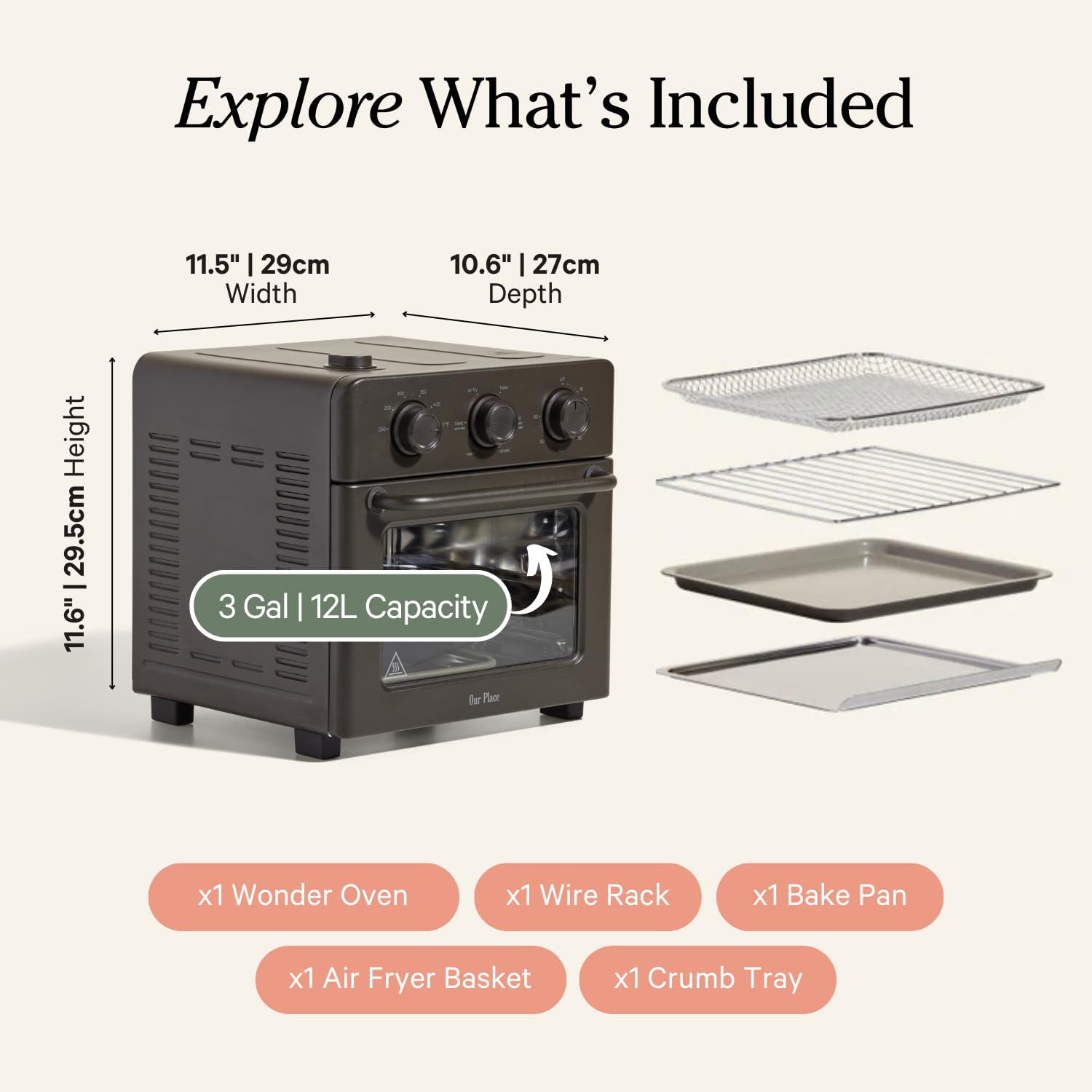 Our Place Wonder Oven includes basket, rack, pan for versatile cooking.