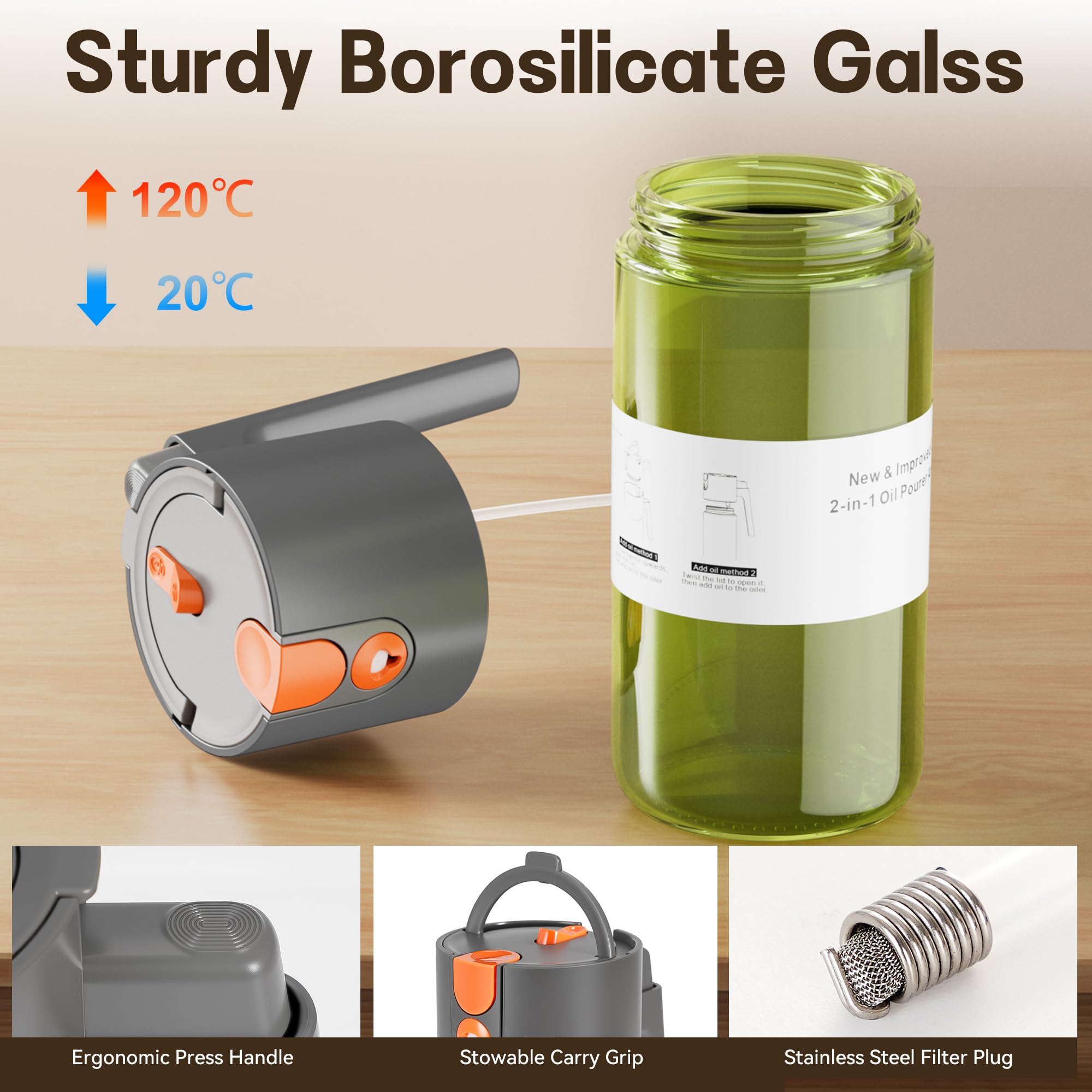 OURCABECUE light-blocking glass preserves oil color and aroma.