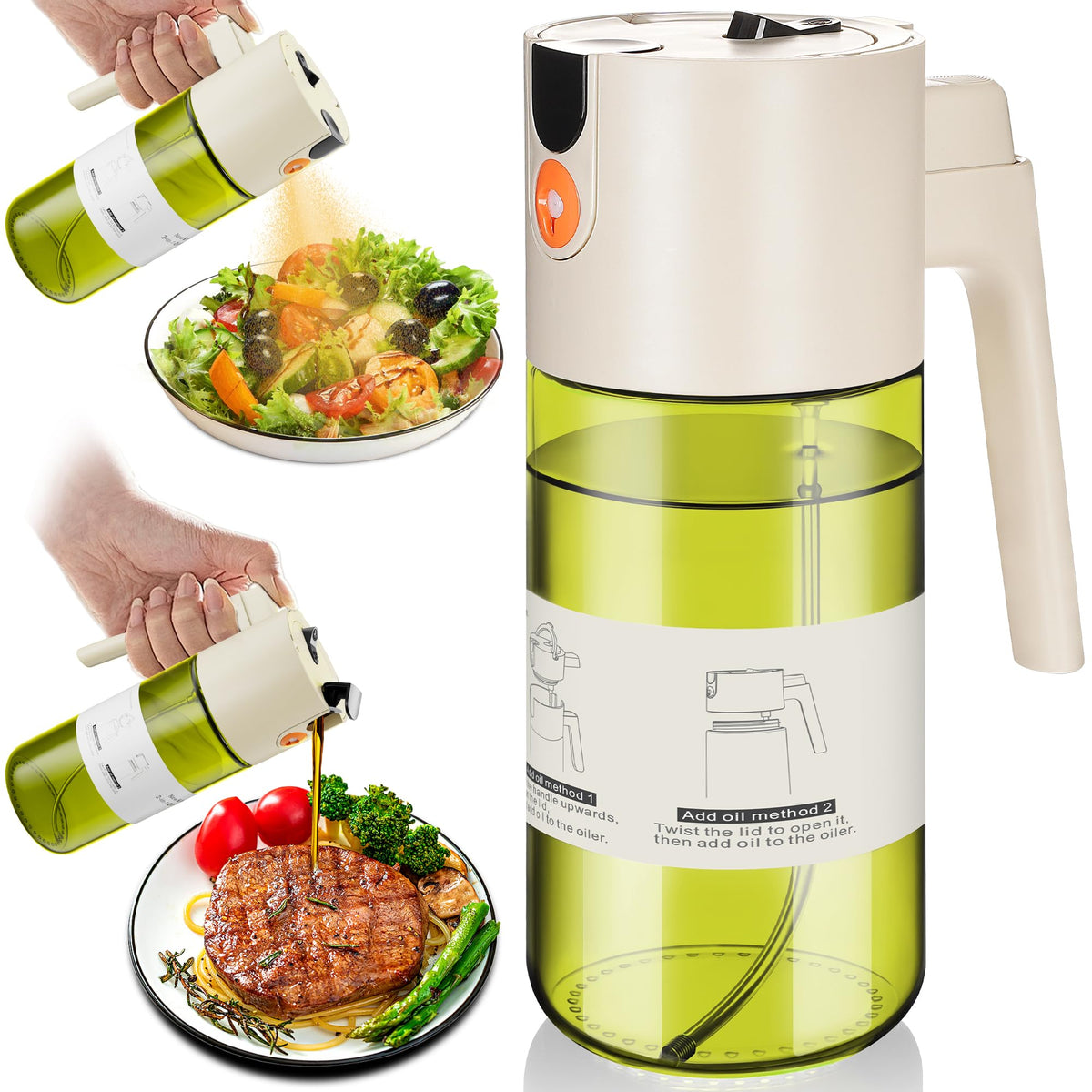 OURCABECUE upgrade 2in1 bottle front view shows sleek oil sprayer for kitchen use