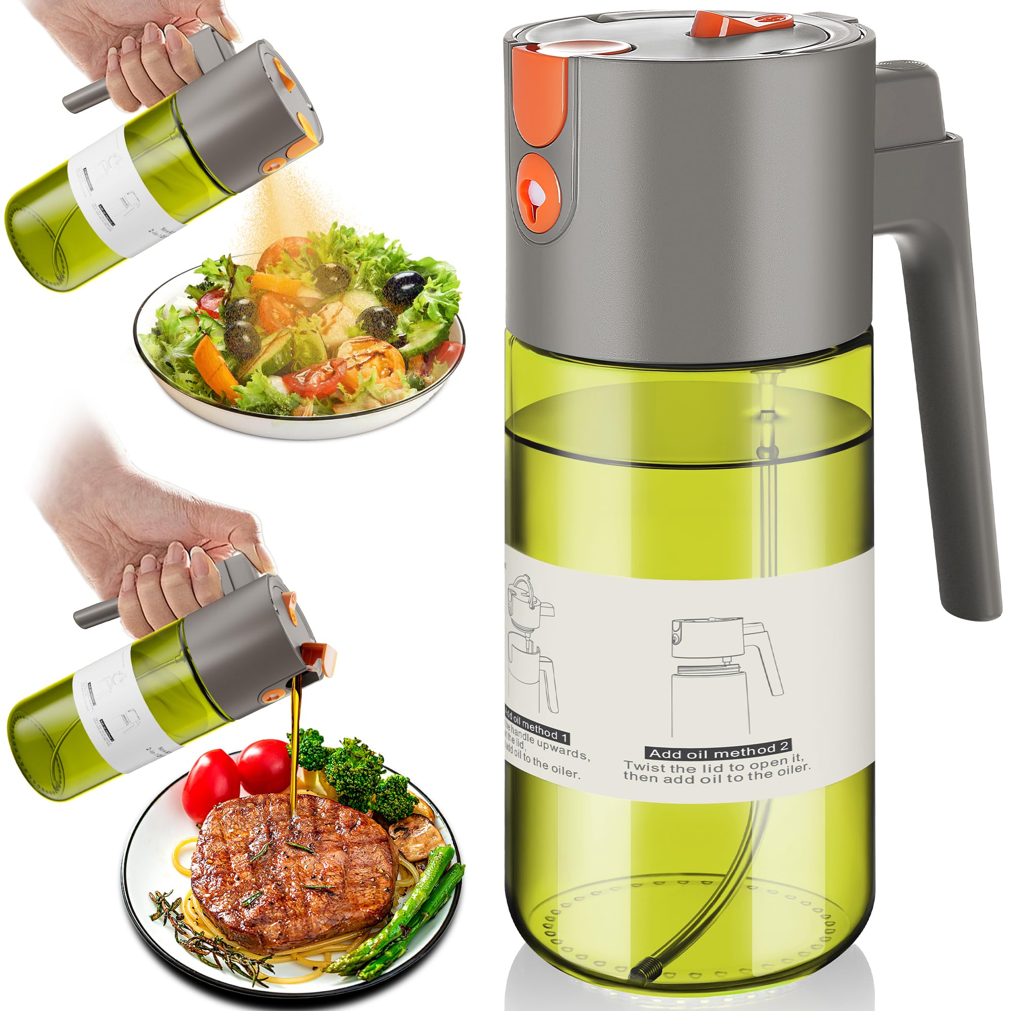 OURCABECUE Upgrade 2-in-1 oil sprayer with glass bottle delivers a fine, even mist for salads.