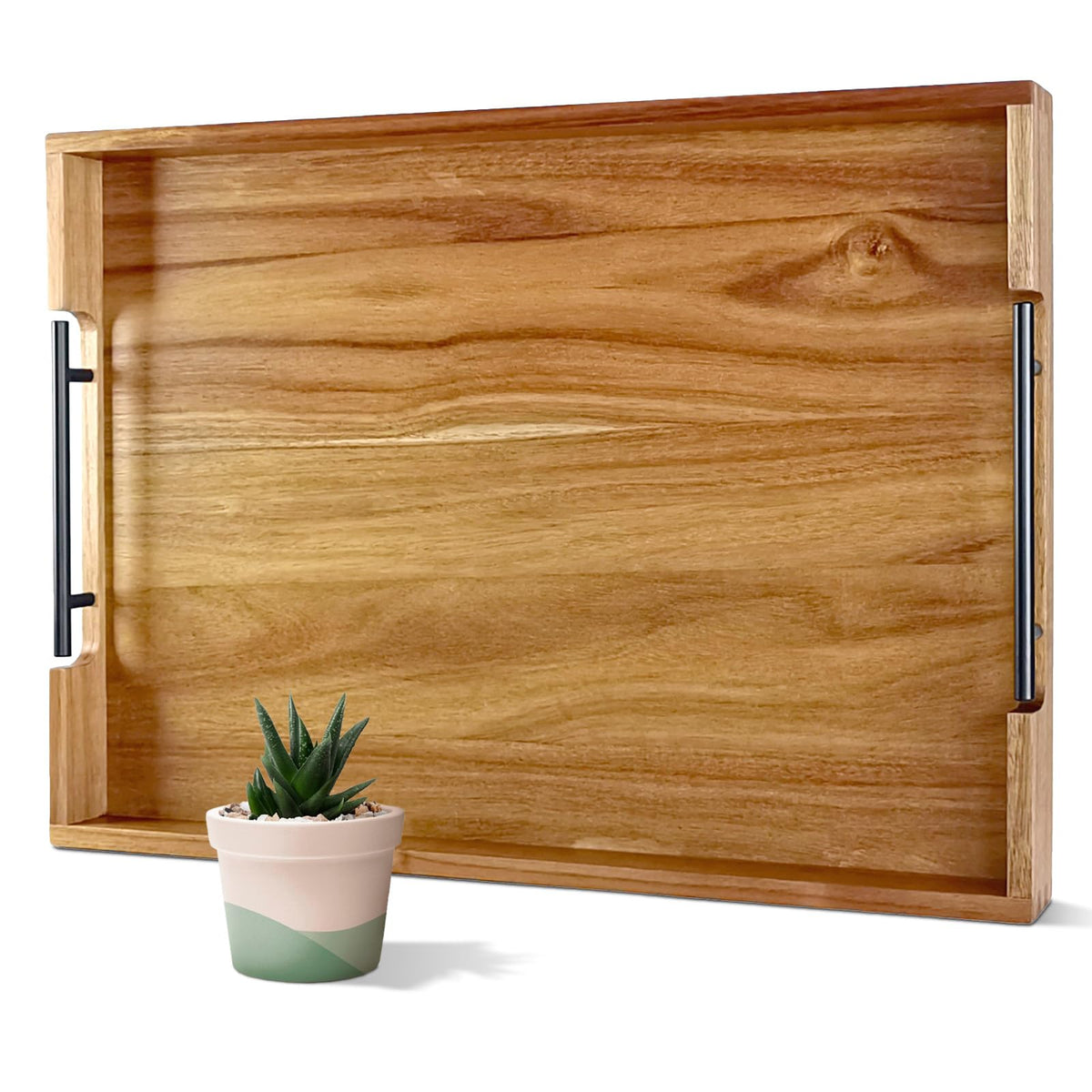 OurMiao 22-inch acacia wood serving tray with dovetail joinery for durable use.