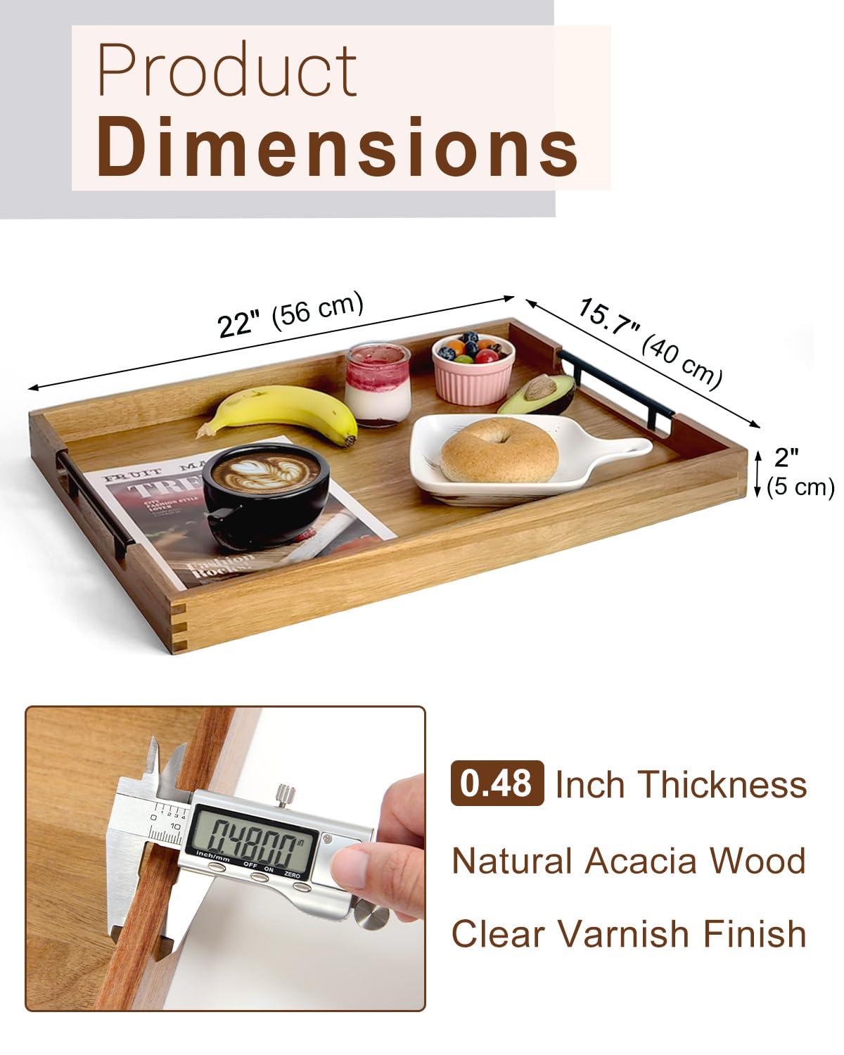 OurMiao acacia wood tray with matte black handles for easy lifting.
