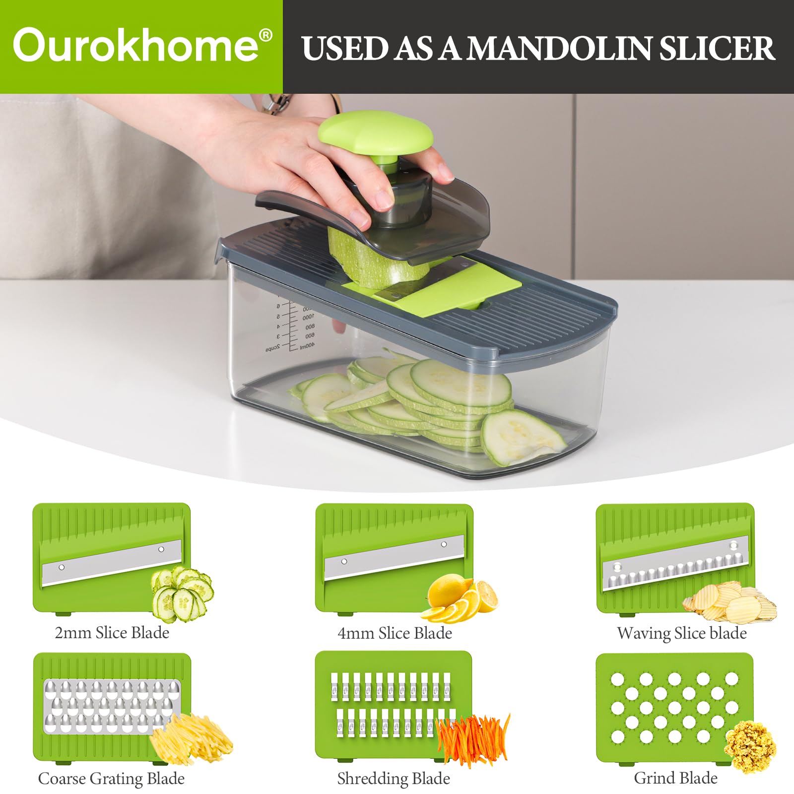 Ourokhome dice blade produces uniform cubes for even, fast prep.