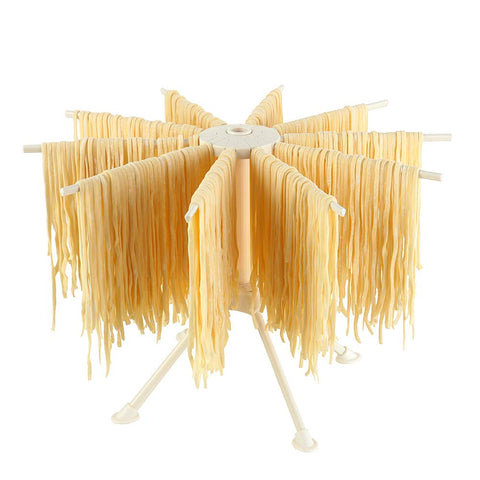 Ourokhome collapsible pasta drying rack with 10 arms keeps noodles evenly spaced for quick drying.
