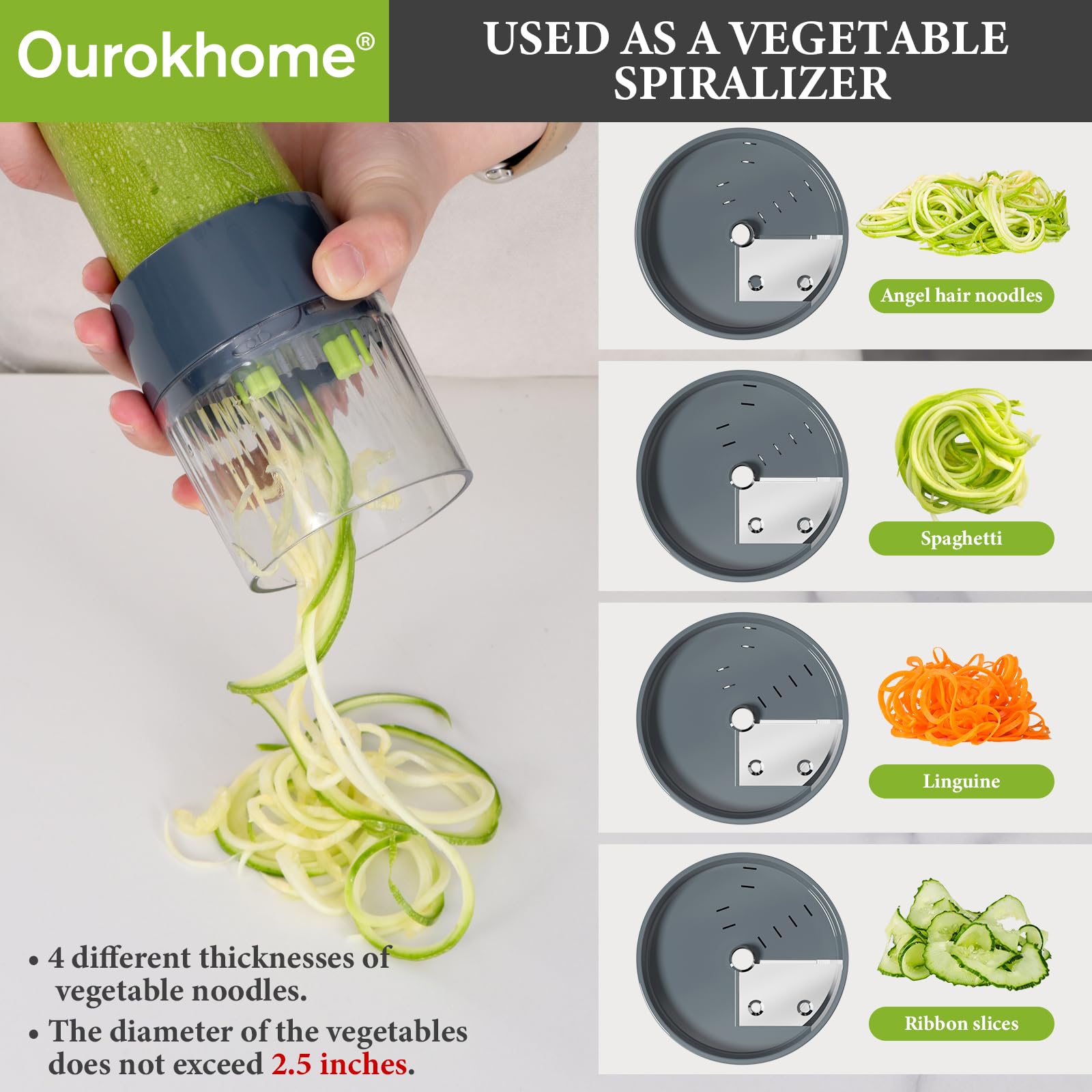 Ourokhome handheld spiralizer with four blades creates vegetable noodles