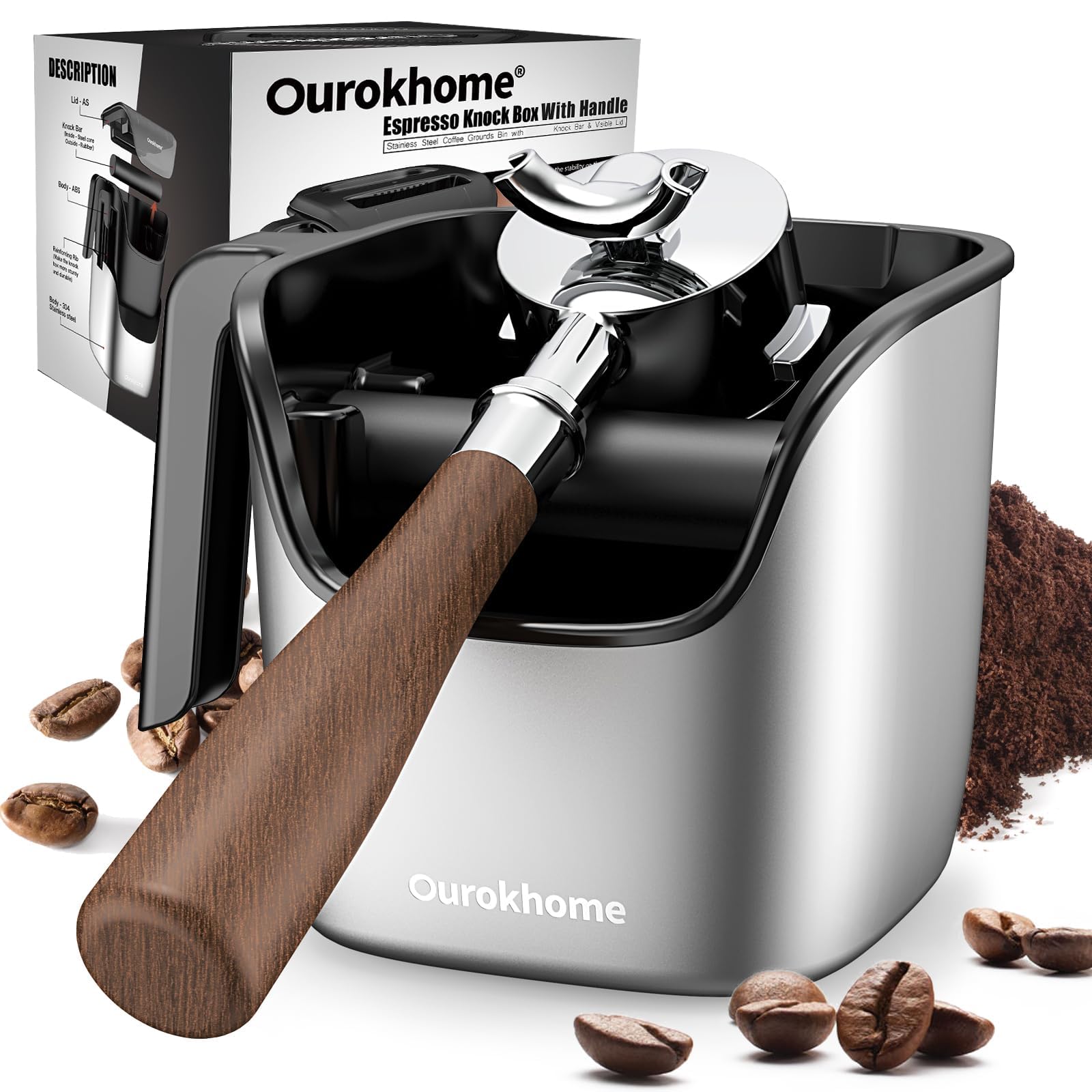 Ourokhome knock box with stainless steel exterior keeps espresso grounds tidy.