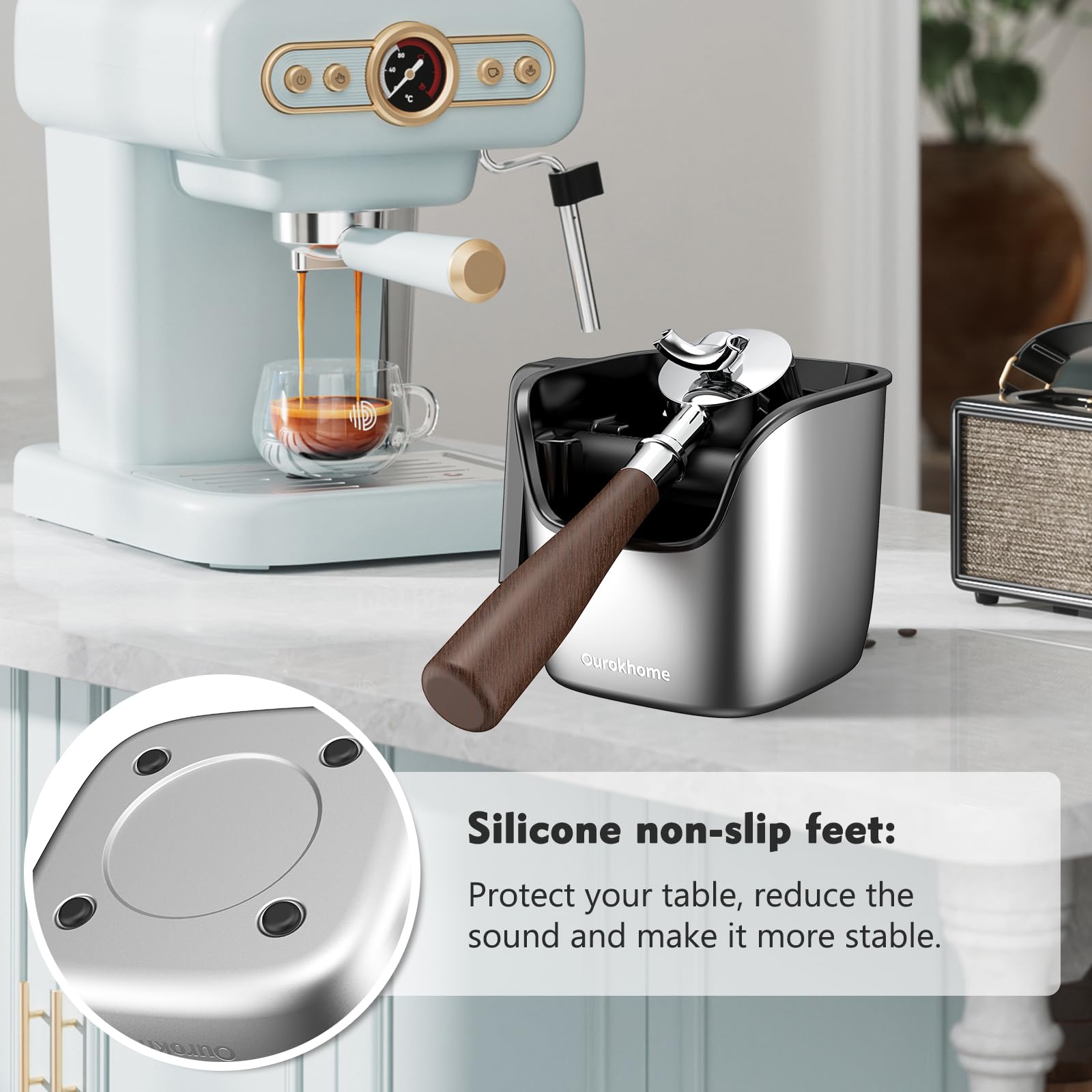 Ourokhome knock box wrap around design reduces splashes during knocking.