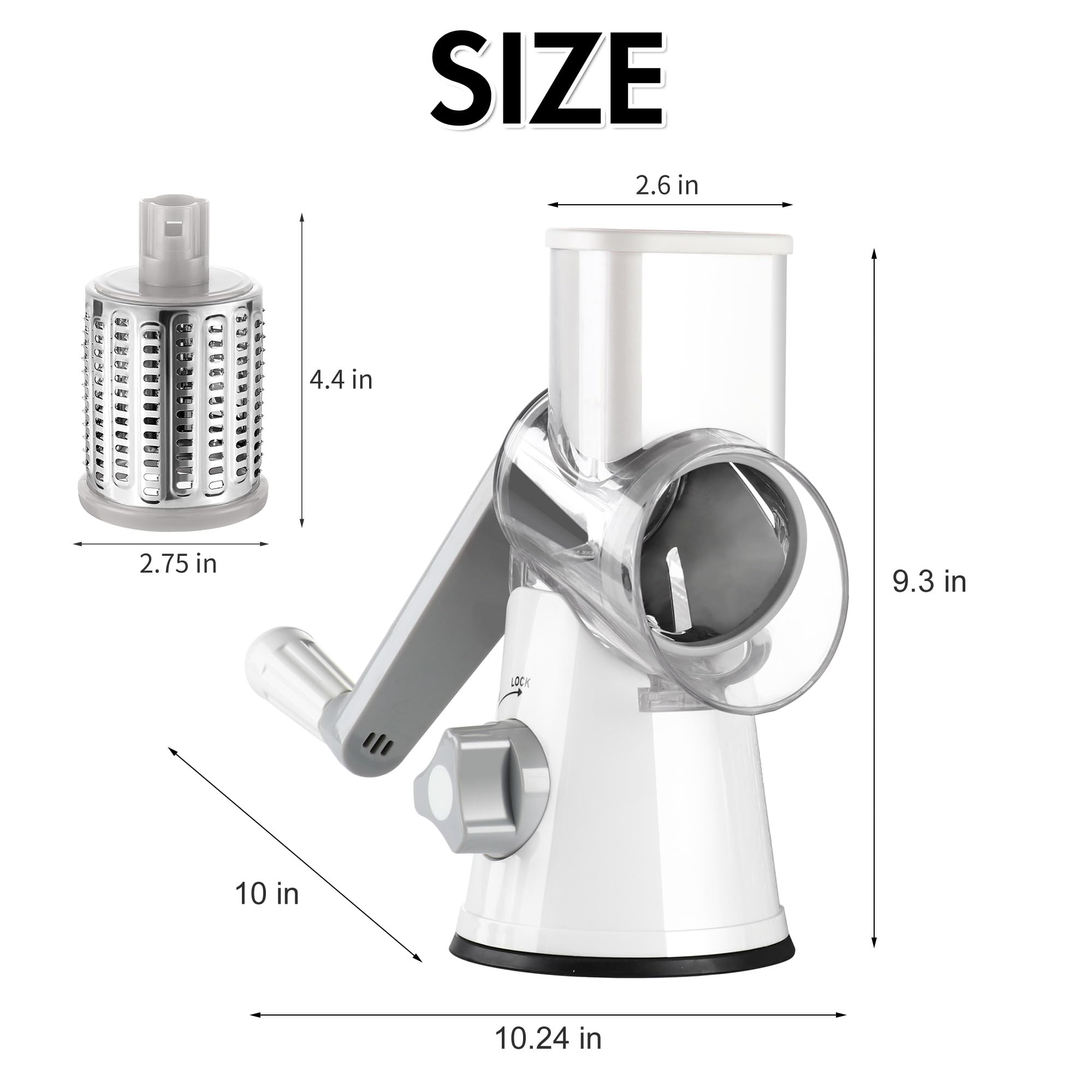 Ourokhome rotary cheese grater assembly and use on a countertop.