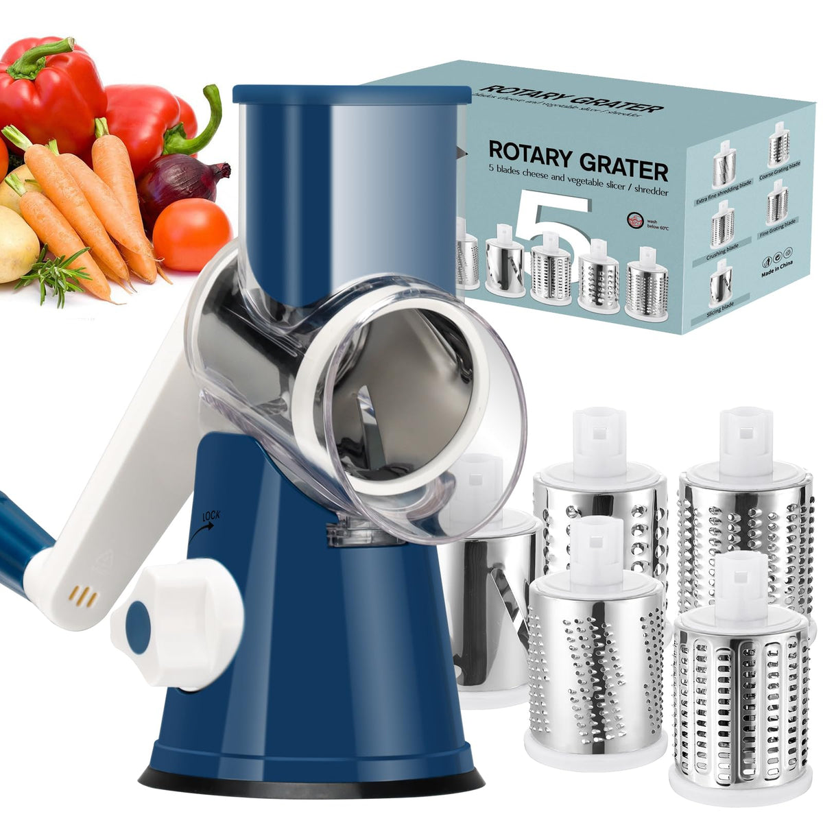 Ourokhome rotary cheese grater with hand crank showing five blades for versatile shredding