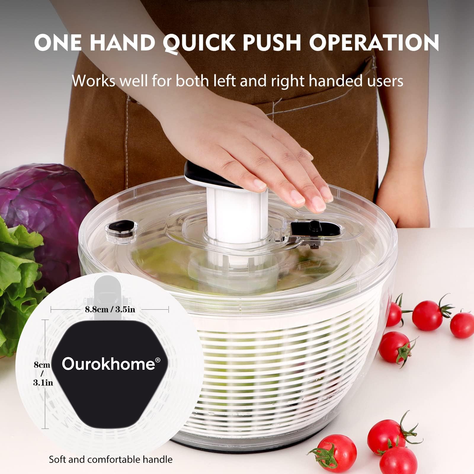 Ourokhome Salad Spinner one-handed operation enables quick, effortless drying.