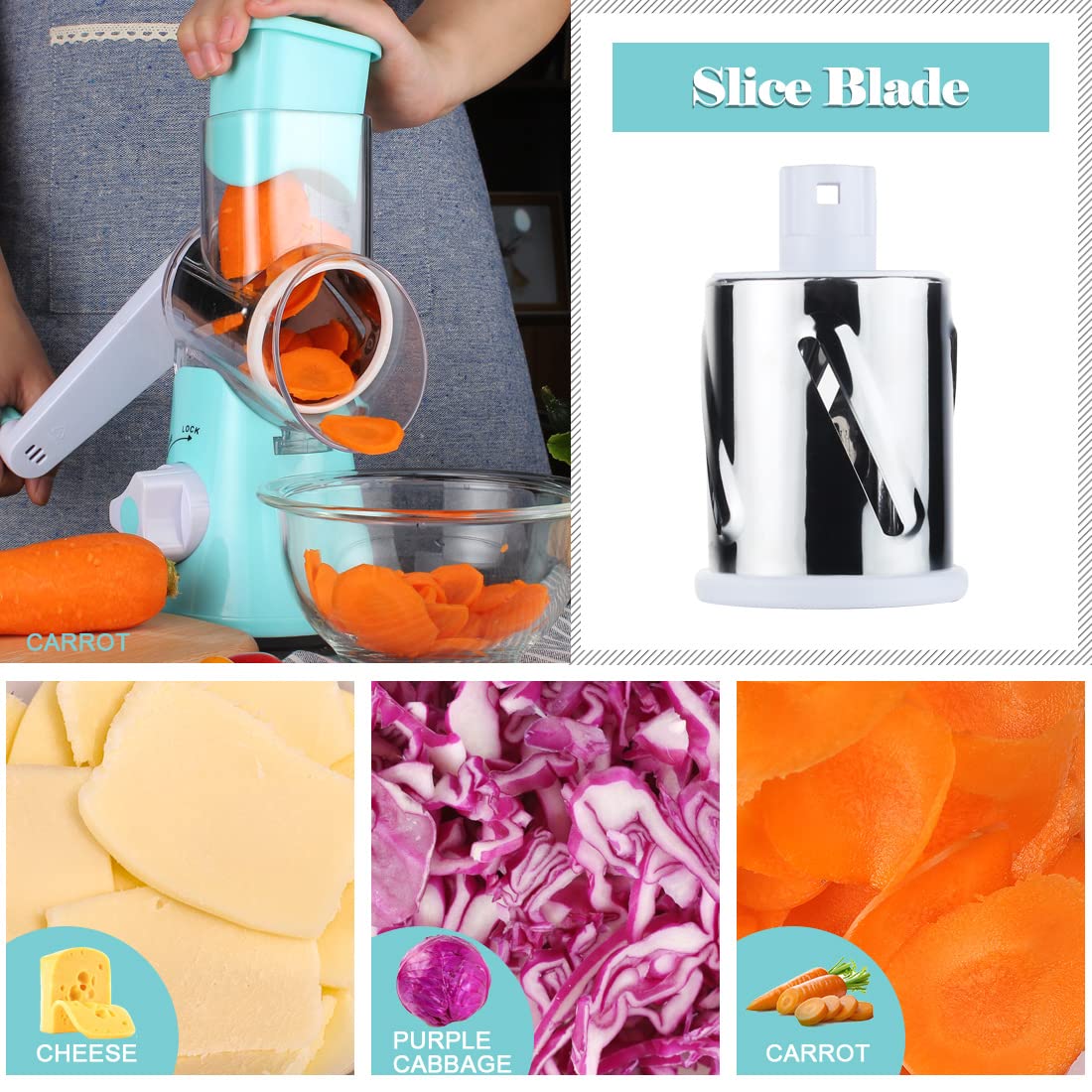 Ourokhome three-blade set enables precise slicing, coarse shredding, and fine shredding.