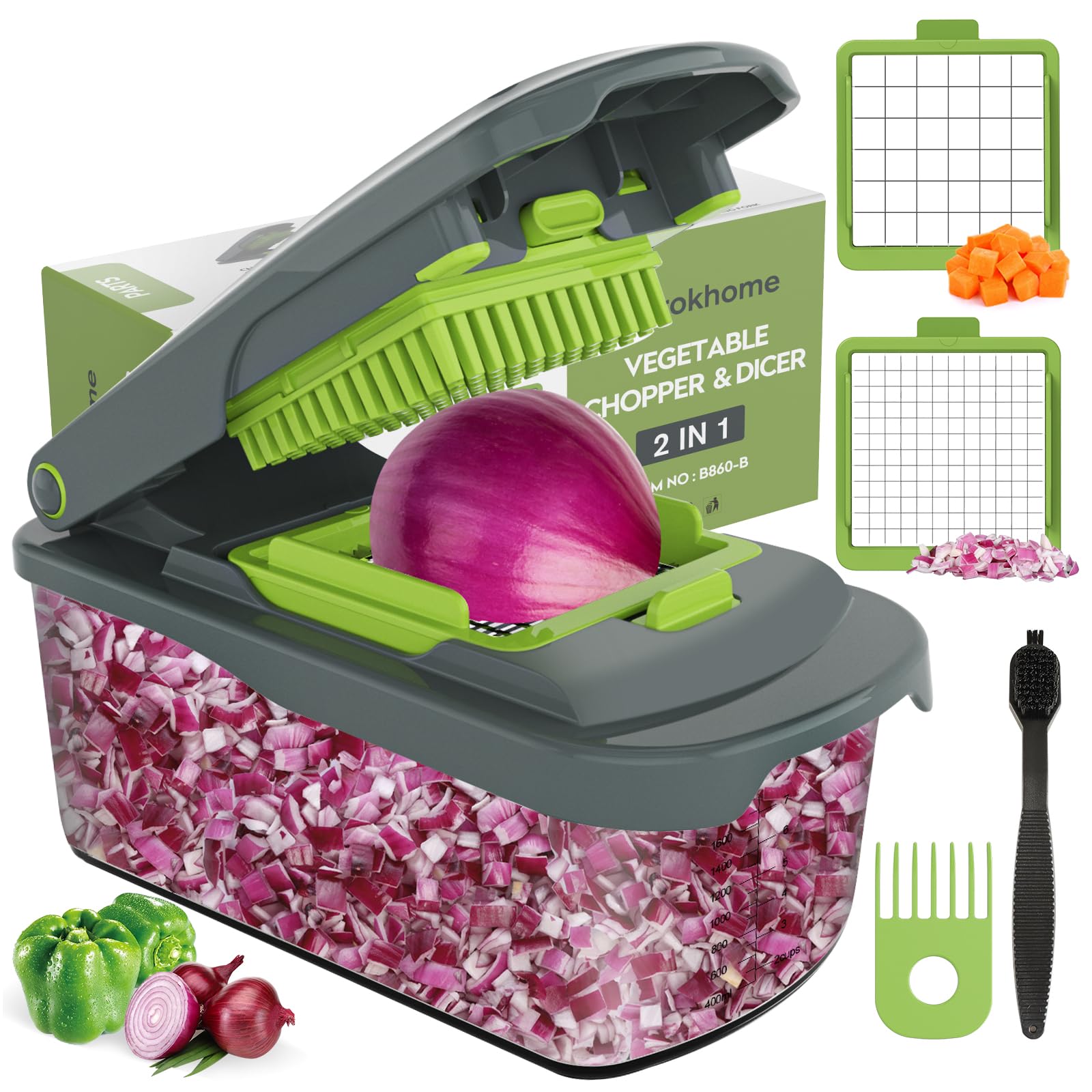 Ourokhome chopper with container shows efficient, uniform dicing for quick prep.