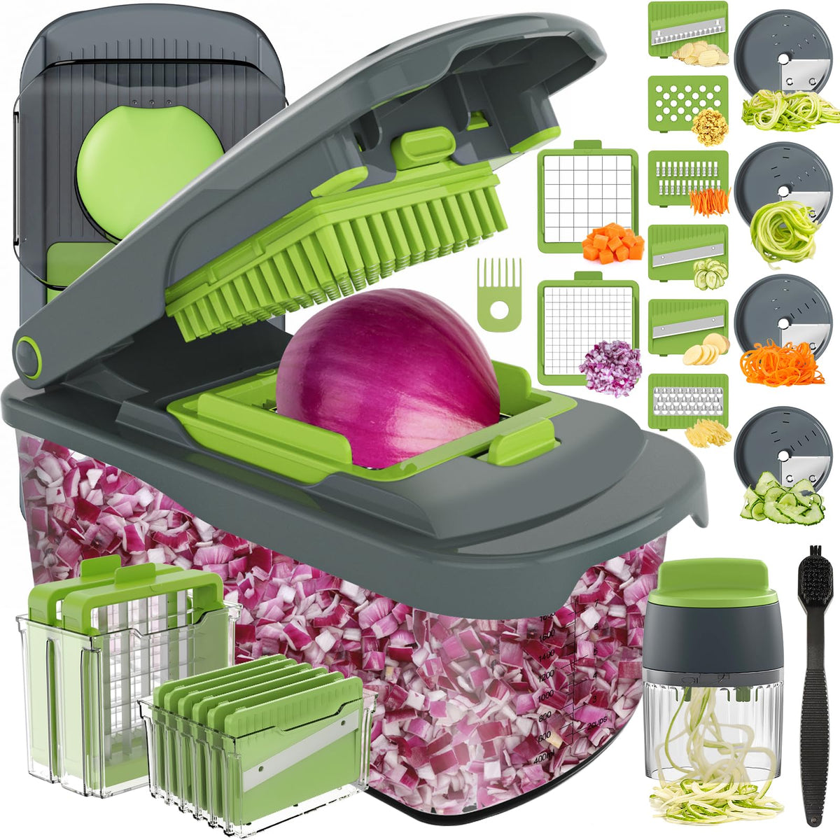 Ourokhome Veggie Chopper 12in1 blades deliver quick, uniform chopping.