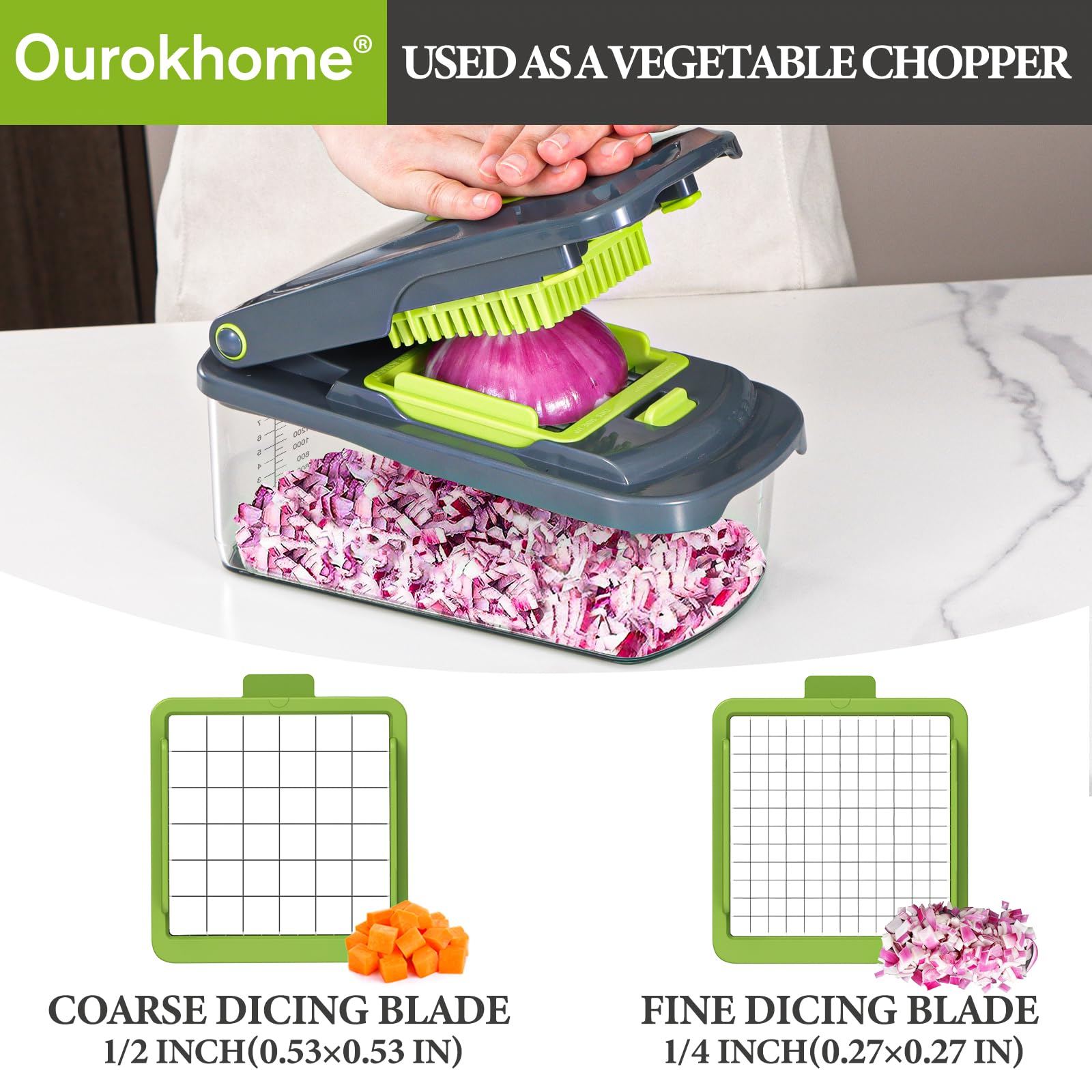 Ourokhome Veggie Chopper with container keeps chopped ingredients neatly contained.