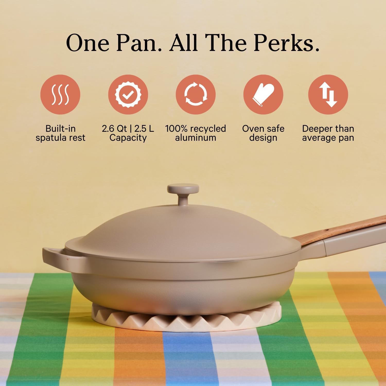 Our Place Always Pan 2.0 steamer basket in pan enables quick veggie steaming.