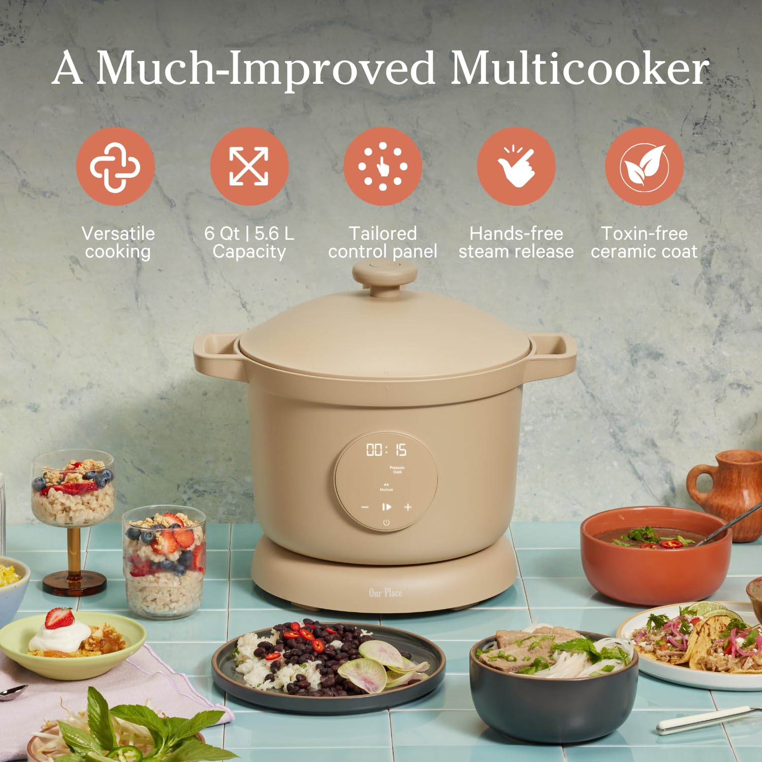 Our Place Dream Cooker inner pot close-up highlighting ceramic nonstick for easy release.
