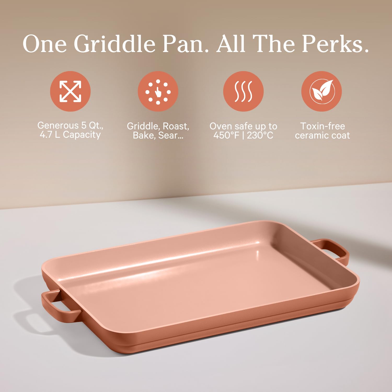 Our Place Griddle Pan close-up shows toxin-free ceramic nonstick for easy release