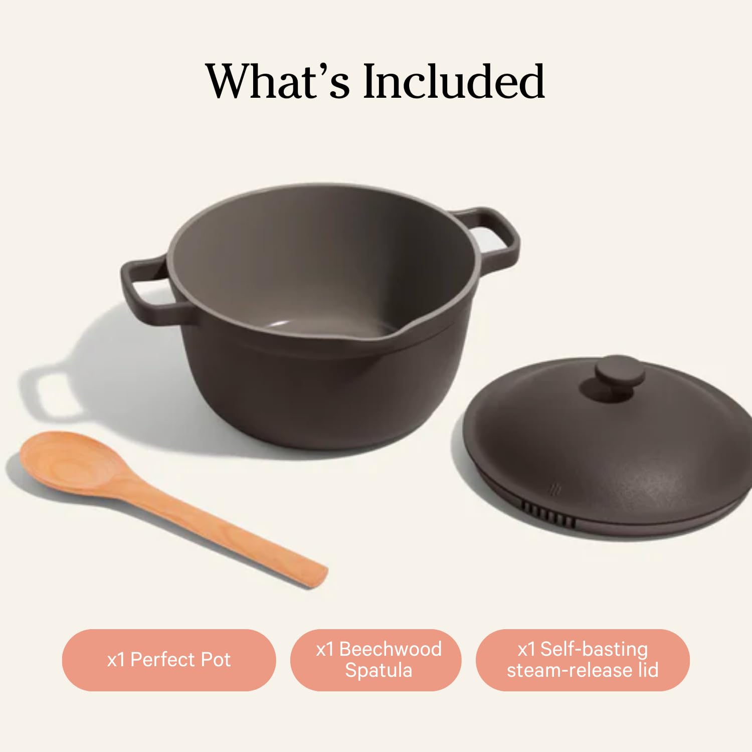 Our Place Perfect Pot ceramic nonstick coating resists sticking and cleanup.