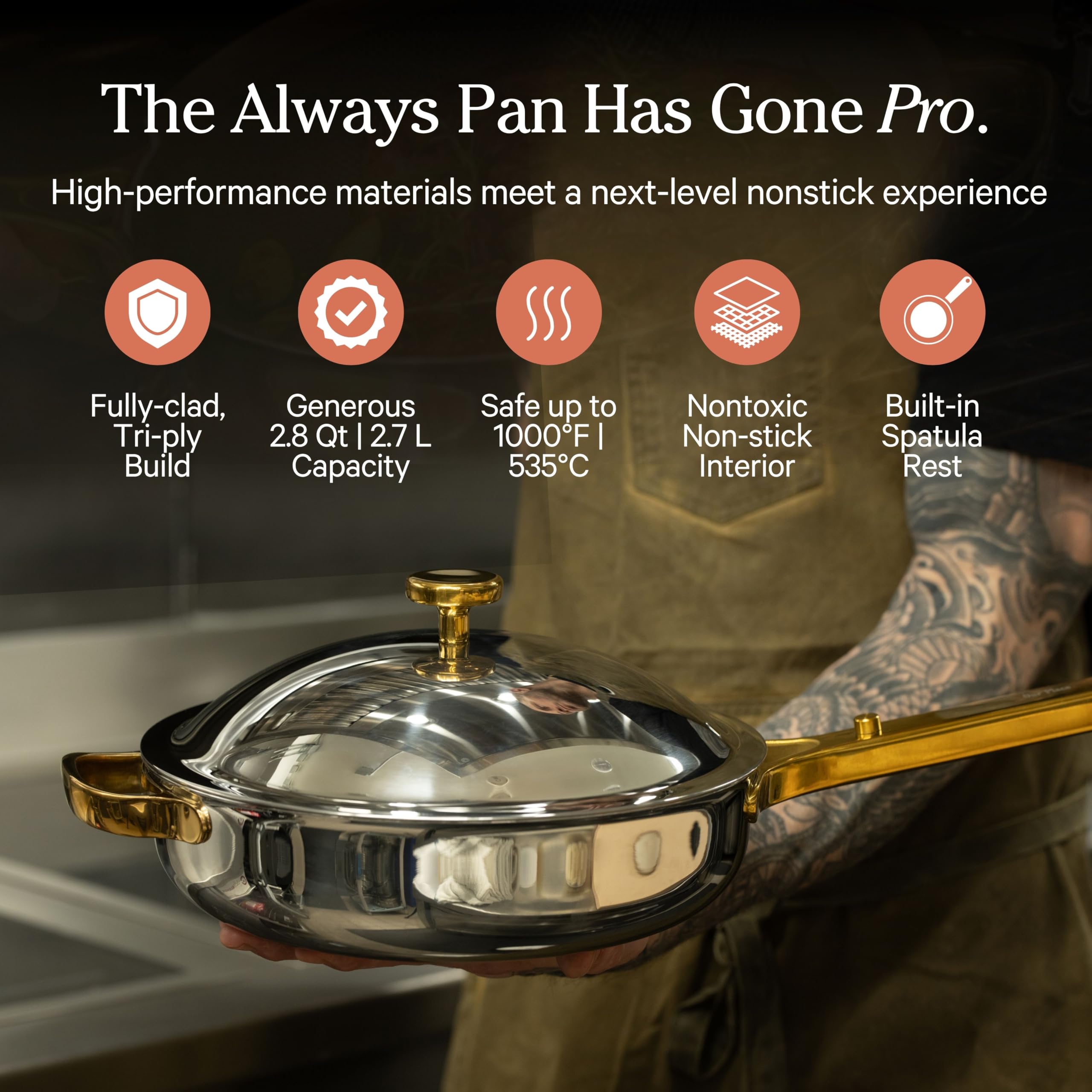 Our Place Titanium Always Pan Pro side view highlights durable tri-ply construction