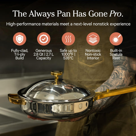 Our Place Titanium Always Pan Pro side view highlights durable tri-ply construction